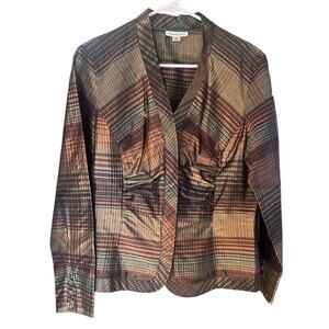 Coldwater Creek Plaid Jewel Tones Silk Blend Zip Front Blazer Jacket Size Medium
